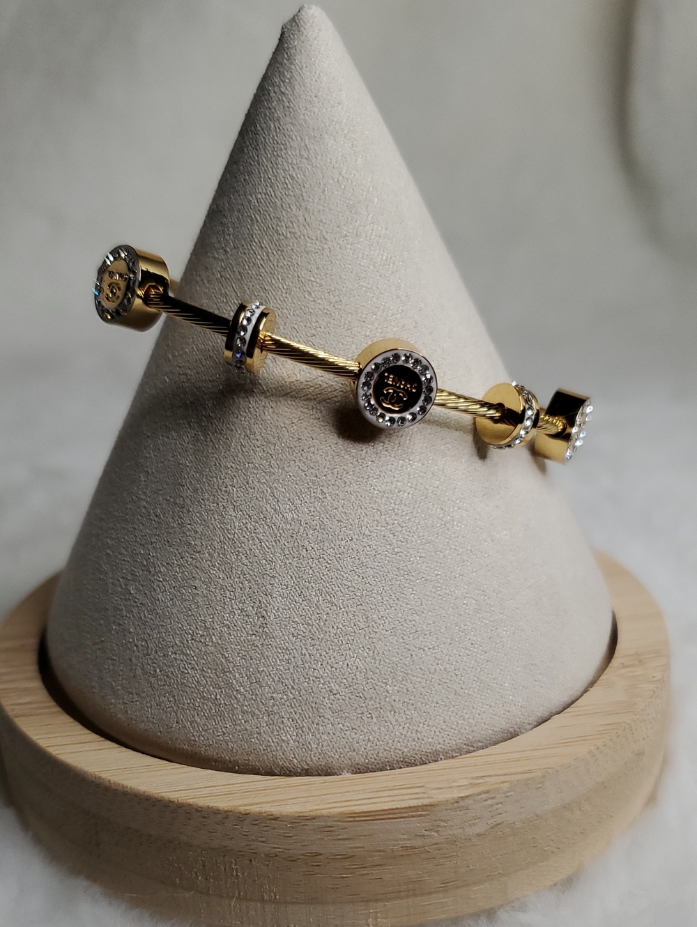 CC Boutique Gold-Tone Cable Bracelet with Logo Medallions and Crystal Rondelles